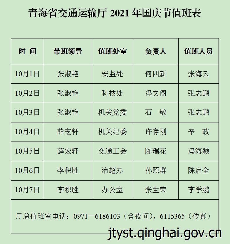 青海省交通运输厅2021年国庆节值班表